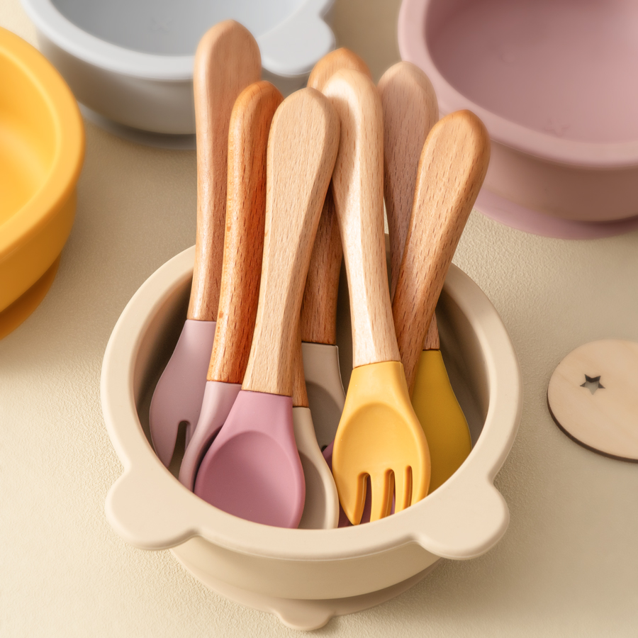 Baby Food Lunch - Mamaplan Silikon Bebek Kaşık Çatal Ahşap